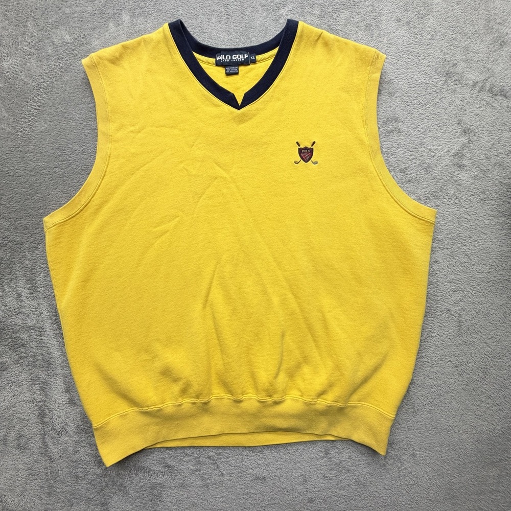 Polo Golf Ralph Lauren Sweater Mens XL Yellow V Neckā Vest Cotton Knit Logo